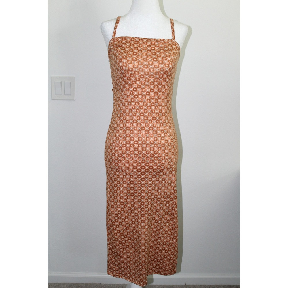 Endless Blu Rust‎ Orange Geometric Starburst Midi Dress Side Slit Size Small